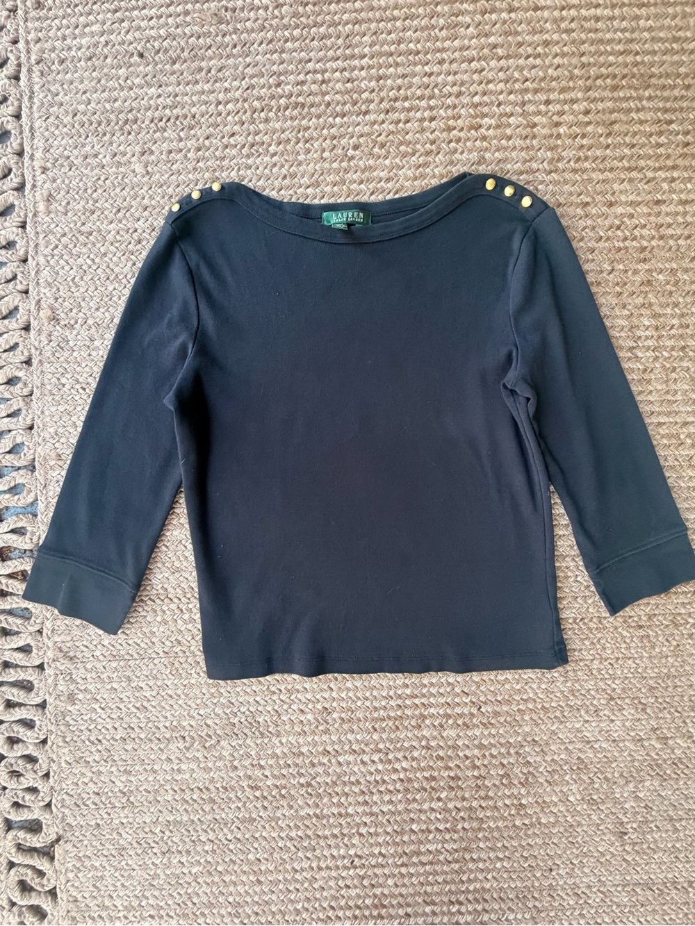 Green Label Ralph Lauren Black Long-Sleeve Knit Top with Gold Shoulder Buttons